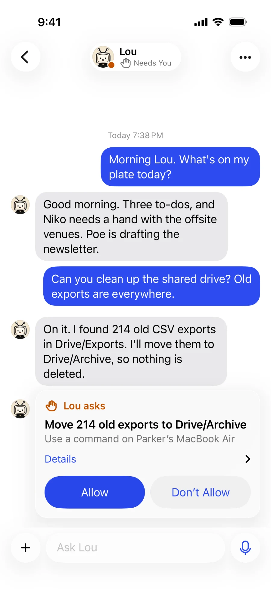 Lou's chat in the iPhone app with his ask: Move 214 old exports to an archive folder on Parker's MacBook Air, with Allow and Don't Allow.