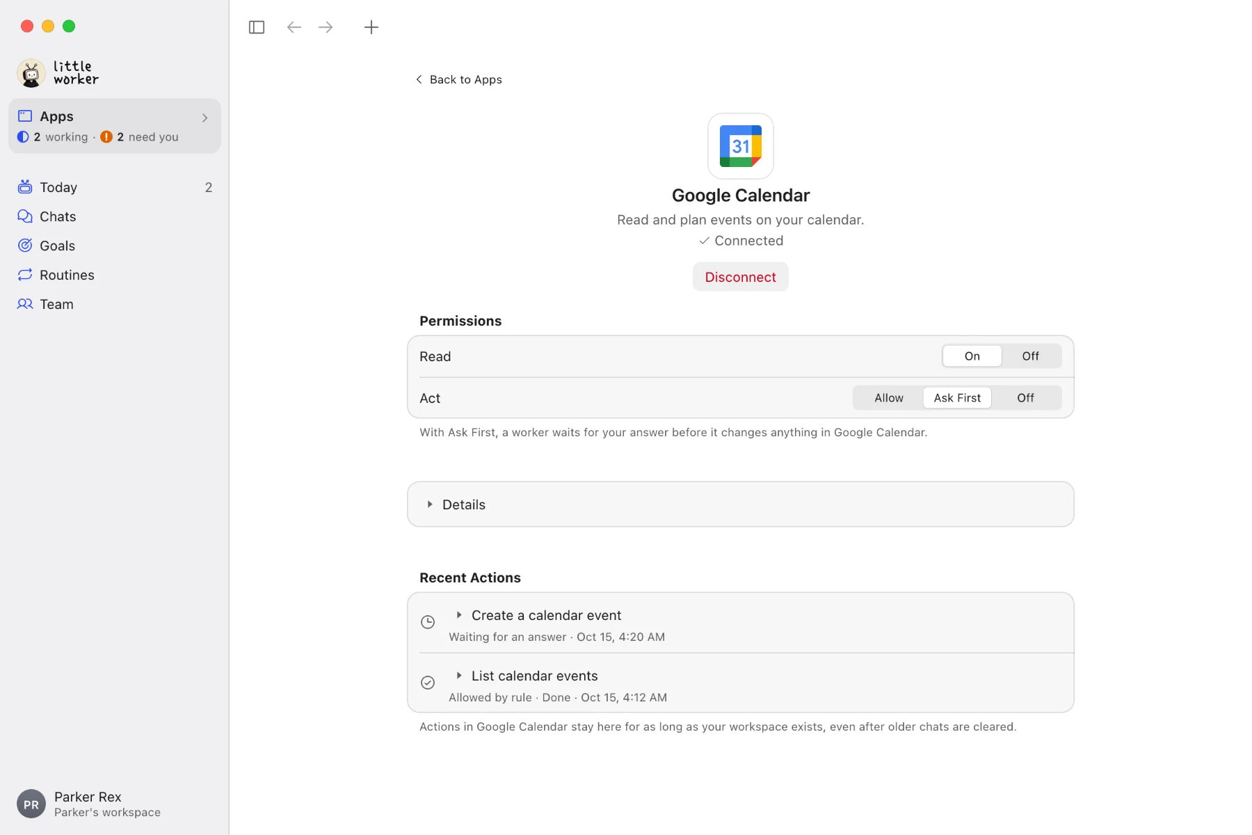 Google Calendar in Apps in the Mac app, connected. Read is On and Act is on Ask First, beside Allow and Off. Recent Actions lists one action waiting for an answer and one allowed by rule.