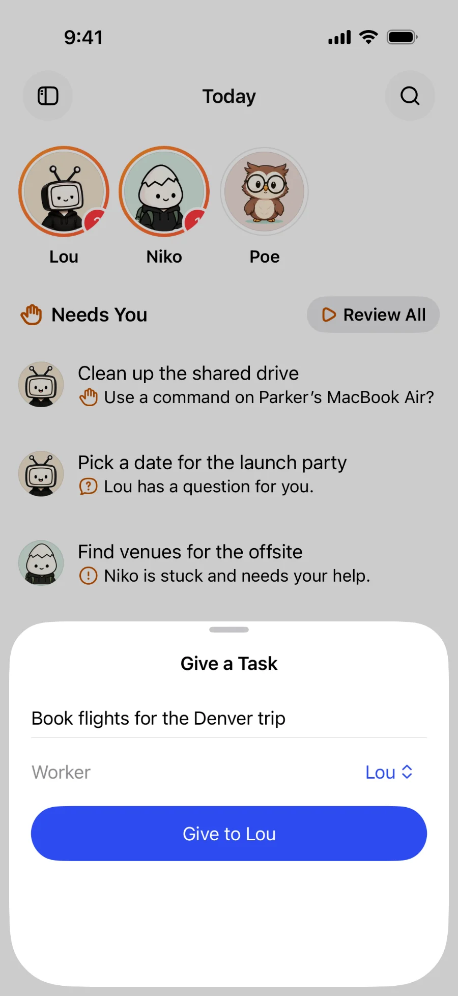 Give a Task over Today in the iPhone app: the task in words, the workers to choose from with one picked, and Give.