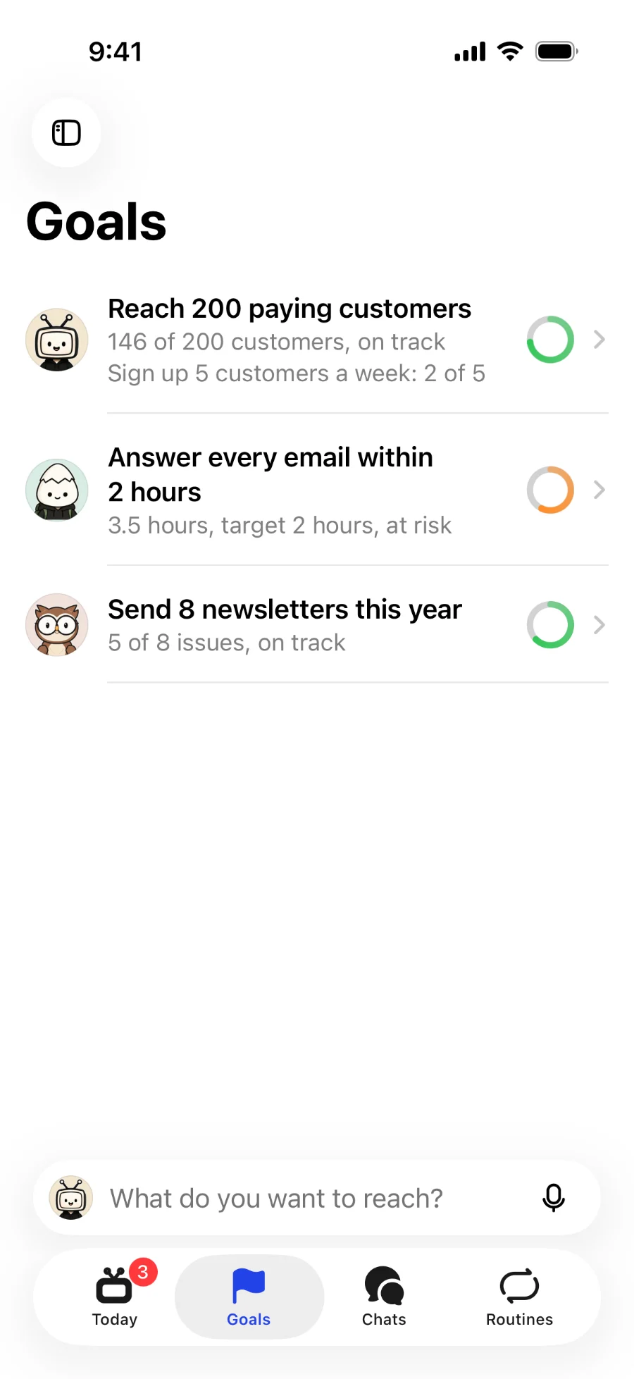 Goals in the iPhone app: each goal with its keeper's face, its progress ring and its progress in words.