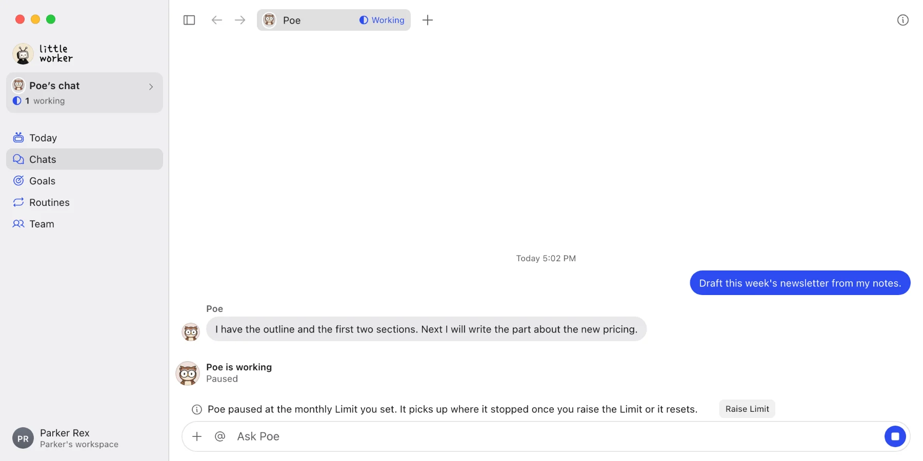 A chat with Poe in the Mac app. Poe paused at the monthly limit you set, with Raise Limit, and picks up where it stopped once you raise it or the month starts over.