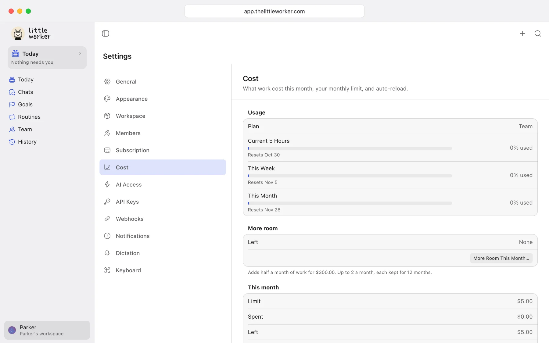 Cost in the web app's Settings: what is used in the current five hours, this week and this month, and this month's limit, what is used and what is left.