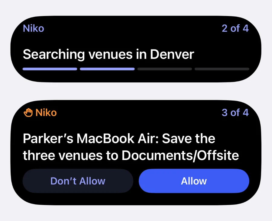 Two of Niko's Live Activities in the Dynamic Island. One says Searching venues in Denver, step 2 of 4. The next asks to save the three venues to Documents/Offsite on Parker's MacBook Air, with Don't Allow and Allow.