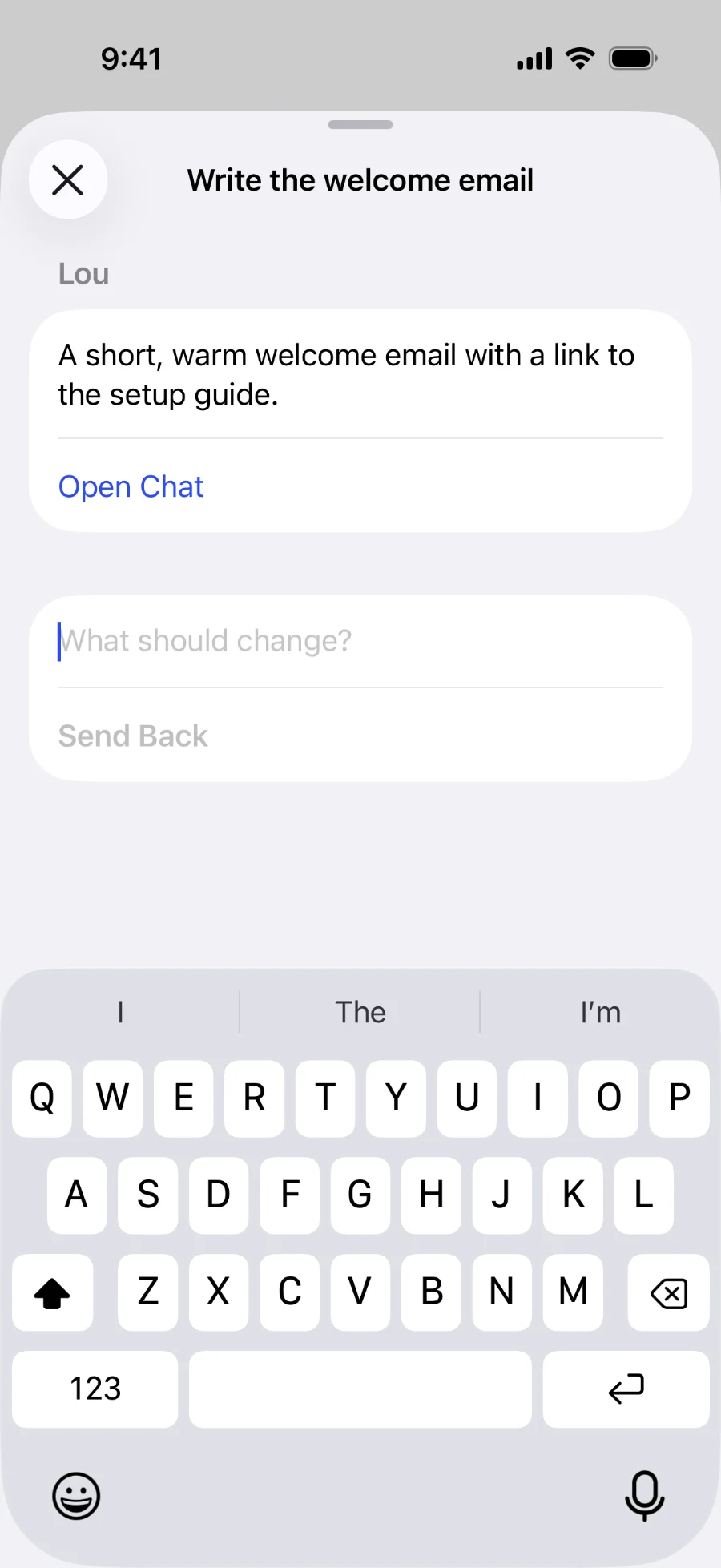 Send Back over Today in the iPhone app: what the worker was asked, Open Chat, and a line for what should change.