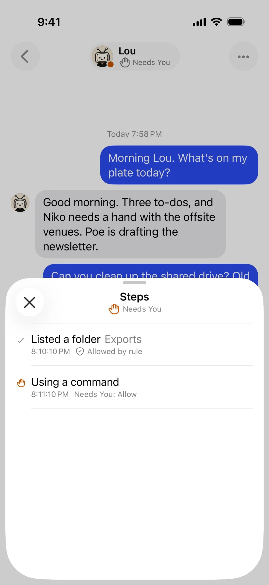 Lou's chat in the iPhone app with Steps open: Listed a folder, allowed by rule, then Using a command, which waits for Allow.