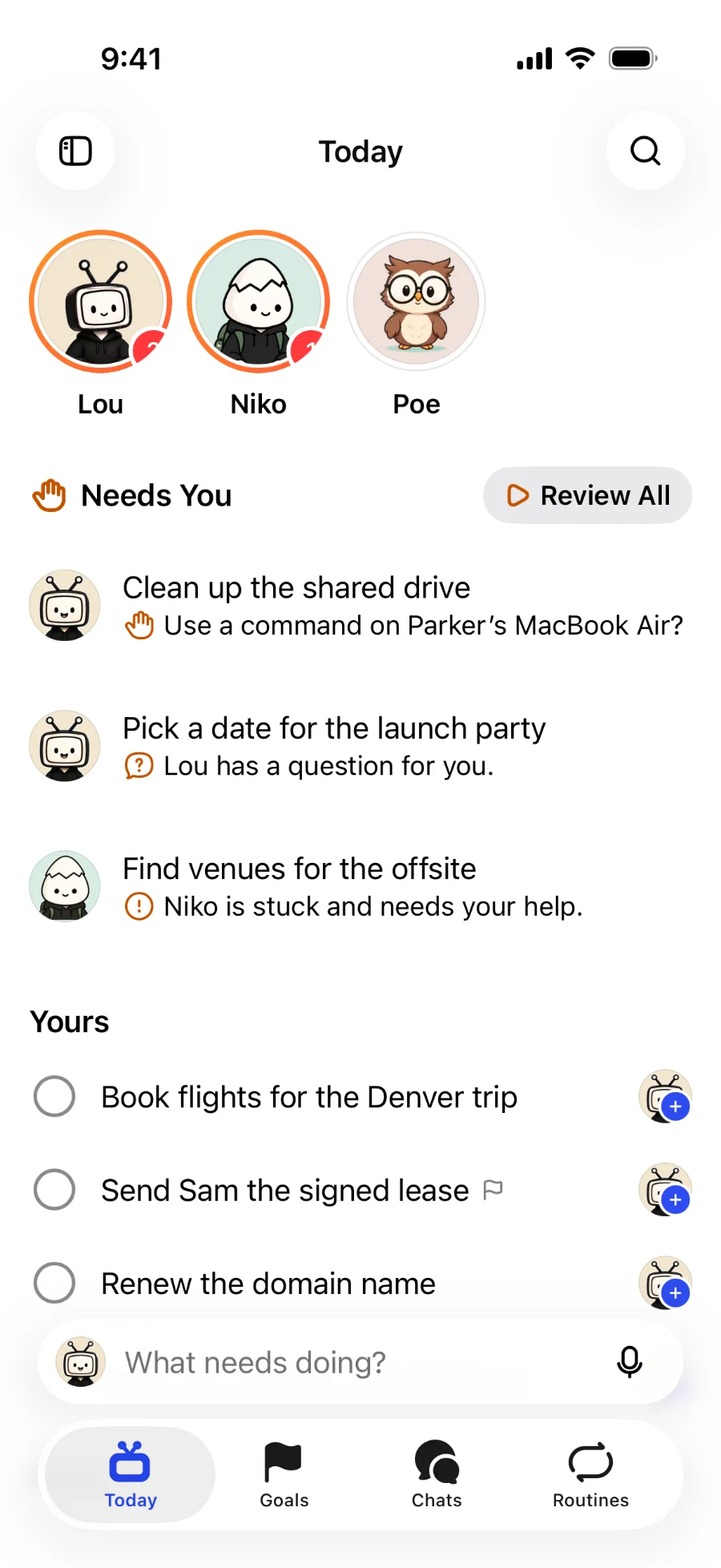 Today in the iPhone app: the team's faces at the top, what needs you with its buttons, and your own to-dos.