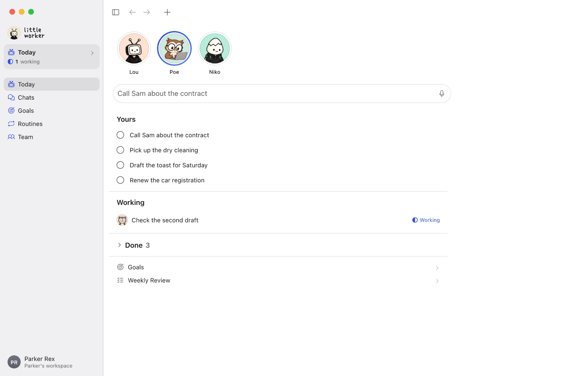 Today in the Mac app with its sidebar: the team's faces in a row at the top, Lou, Poe and Niko, Poe busy. Your own to-dos, Poe working on the second draft, and three finished to-dos folded under Done.