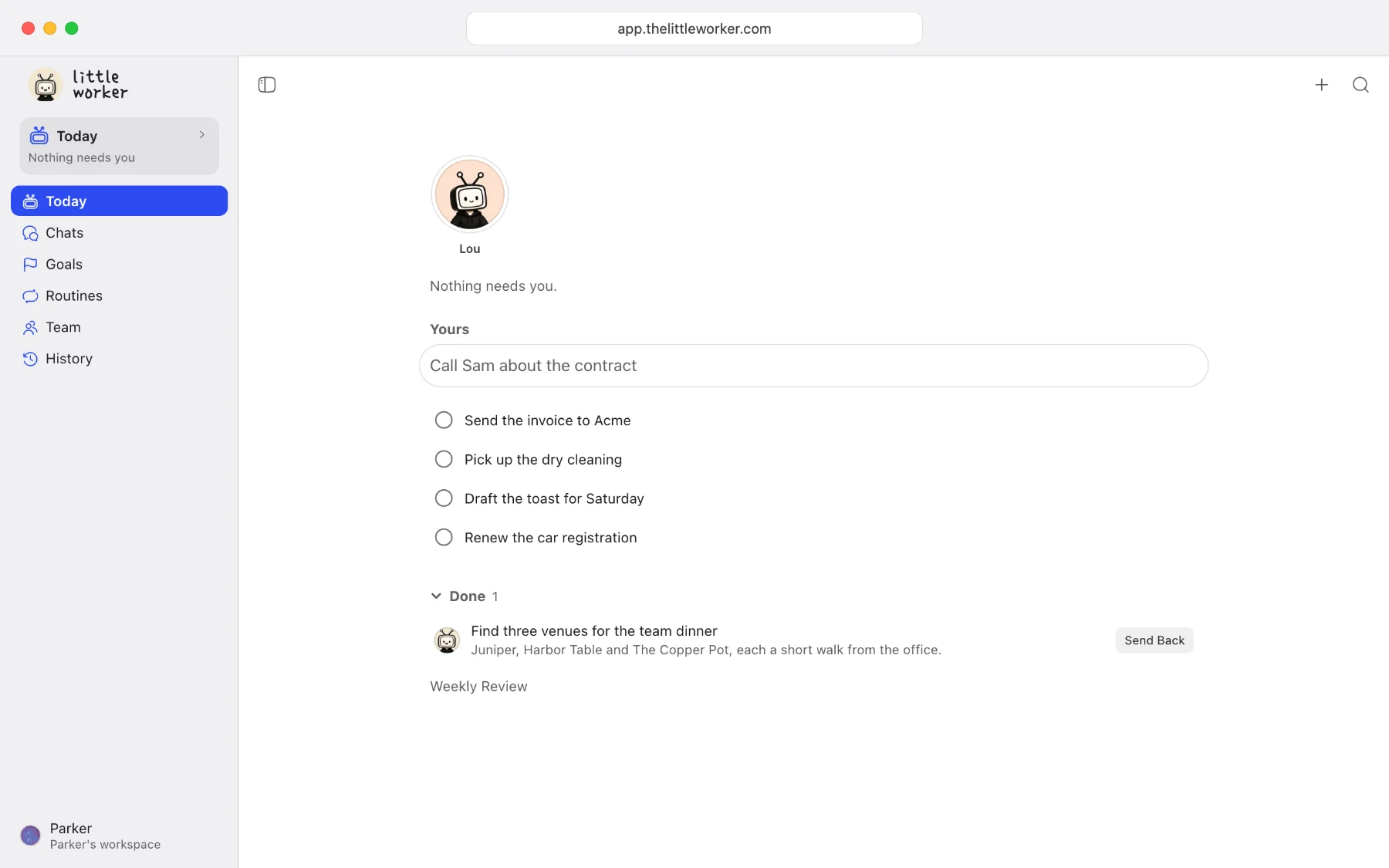 Today in the web app, Wednesday, September 30: Good morning, Parker. Lou is Available. Four of your own to-dos under Yours, and under Done, Find three venues for the team dinner, back from Lou with its result and Send Back.