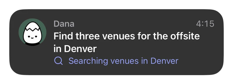 A Live Activity on iPhone: Dana is searching venues in Denver.