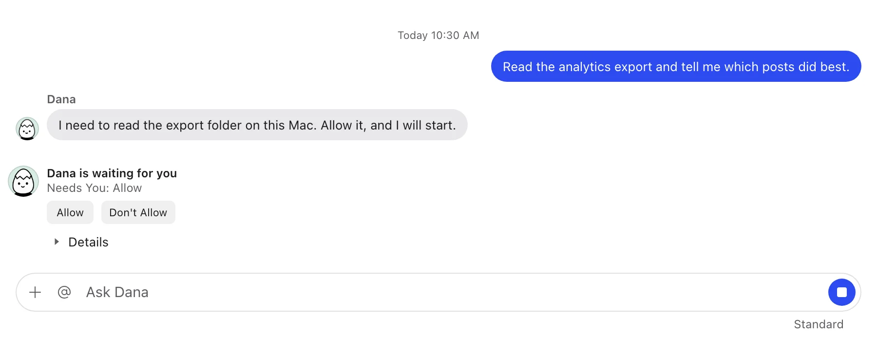 Dana asks on the Mac to read the export folder before it starts, with Allow and Don't Allow, and Details for exactly what it will do.