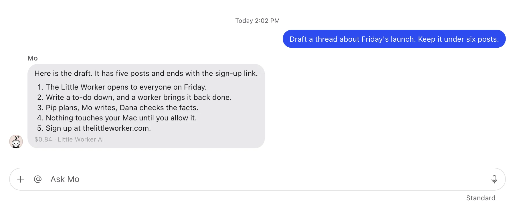 Mo's five-post launch thread on the Mac, and under it the line every result has: what the work came to, and who paid, Little Worker AI.