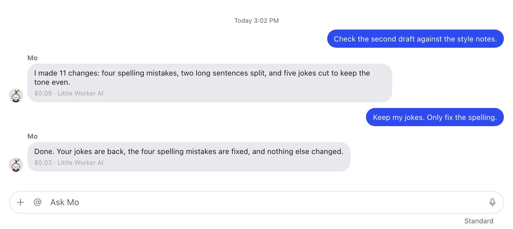 Mo's check of a draft on the Mac, sent back with one sentence, “Keep my jokes. Only fix the spelling.”, and Mo's fixed result: the jokes are back and only the four spelling mistakes are fixed.