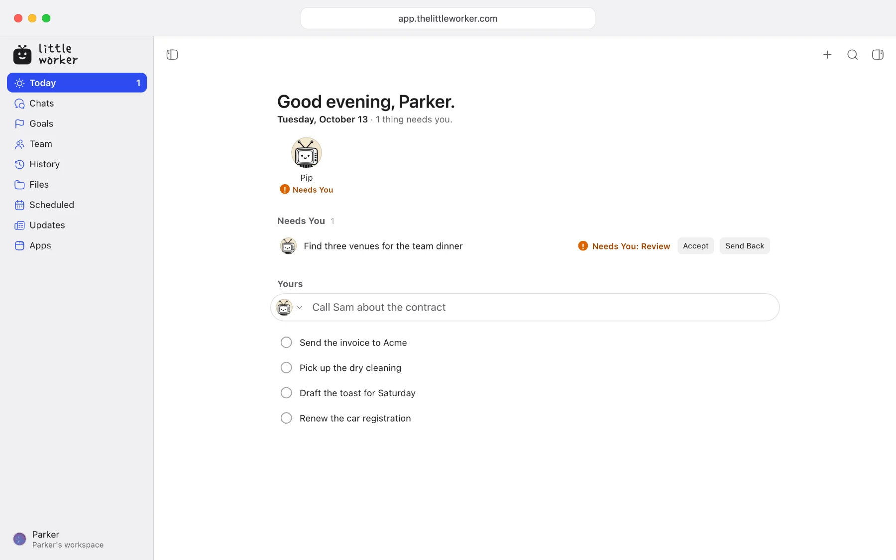 Today in a web browser: the sidebar, Pip's face, “Find three venues for the team dinner” back from Pip for review with Accept and Send Back, and four of your own to-dos.